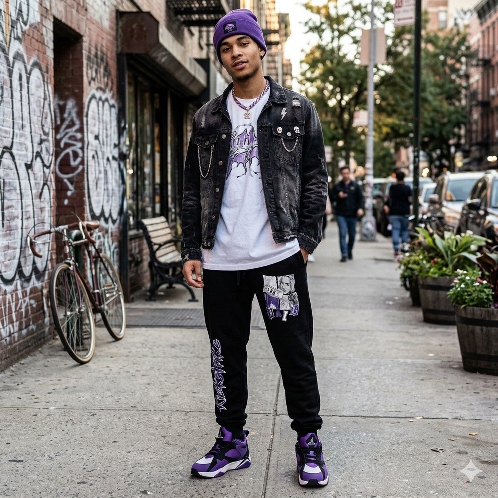 Kickstrike‎ Paid Graphic Joggers Streetwear Sweatpants Black Purple Large